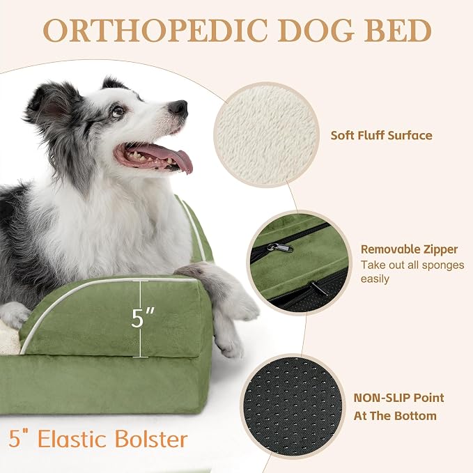 Comfort Expression Orthopedic Dog Bed for Extra Large Dogs with Bolster | Waterproof Dog Couch Bed with Washable Cover & Non-Slip Bottom, Supportive Egg Crate Foam Big Dog Bed, 53x42Inch