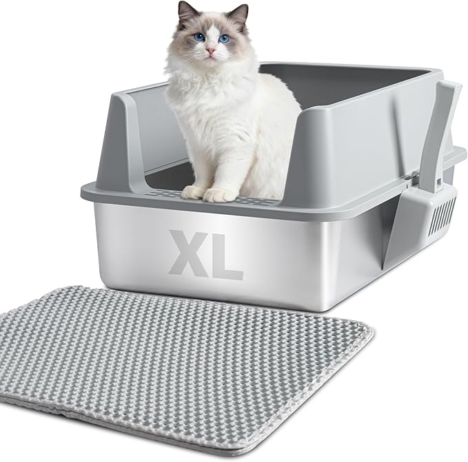 XL Stainless Steel Litter Box with Lid, Extra Large Cat Litter Box | Metal Cat Litter Box for Big Cats with High Sides, Anti-Urine Leakage,Easy Cleaning, Non-Stick, Include Scoop and Mat