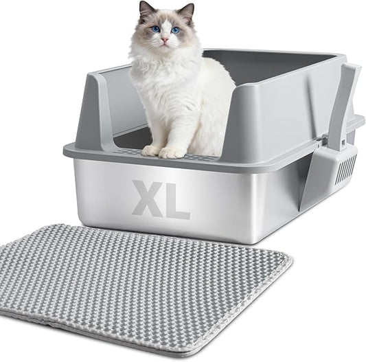 XL Stainless Steel Litter Box with Lid, Extra Large Cat Litter Box | Metal Cat Litter Box for Big Cats with High Sides, Anti-Urine Leakage,Easy Cleaning, Non-Stick, Include Scoop and Mat