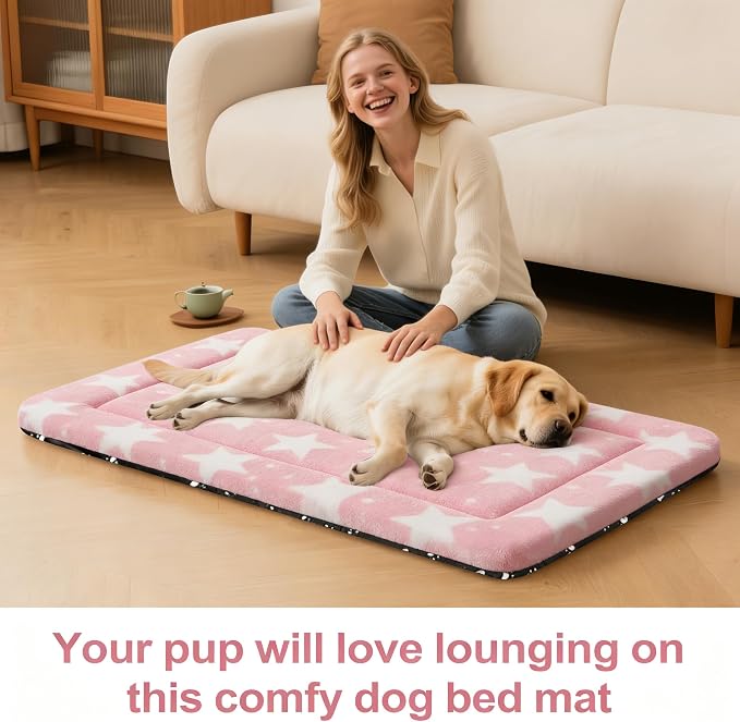 Dog Bed Mat, Reversible Crate Pad & Durable Dog Bed - Machine Washable Kennel Mat with Ultra Soft for Large Dogs (Big&Small Stars Pink, 35" L*23" W*1.5" Th)