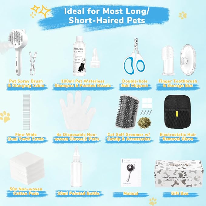 10Pcs Mist Spray Brush Kit for Cats & Dogs, Hair Health & Grooming Set with 100ml Waterless Shampoo, Cat Scratcher w/Catnip, Nail Clippers, Toothbrush, Comb, Eye Ear Paw Dry Wipes & Gloves, Gift-Set