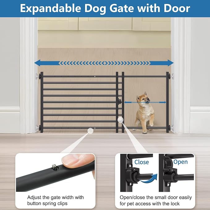 Malier Indoor Dog Gate with Door, 26-41" Extra Wide Full Metal Pet Gate Short Dog Gate for Stairs, Pressure Mount 20'' Tall Small Puppy Gate, Easy Step Over Low Gate for Doorways