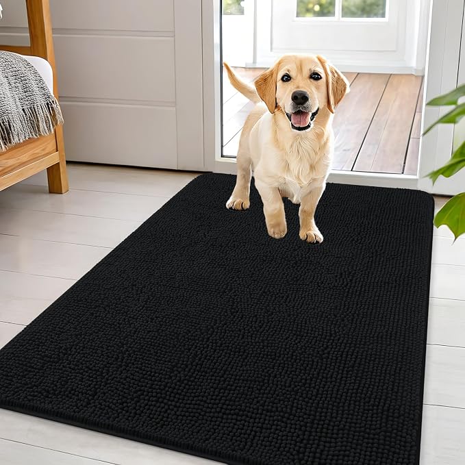 OLANLY Dog Door Mat for Muddy Paws 44x32, Super Absorbent Chenille Mud Mat | Black, Absorbs Moisture and Dirt, Non-Slip Machine Washable Doormat, Quick-Drying Indoor Entryway Floor Carpet for Dogs