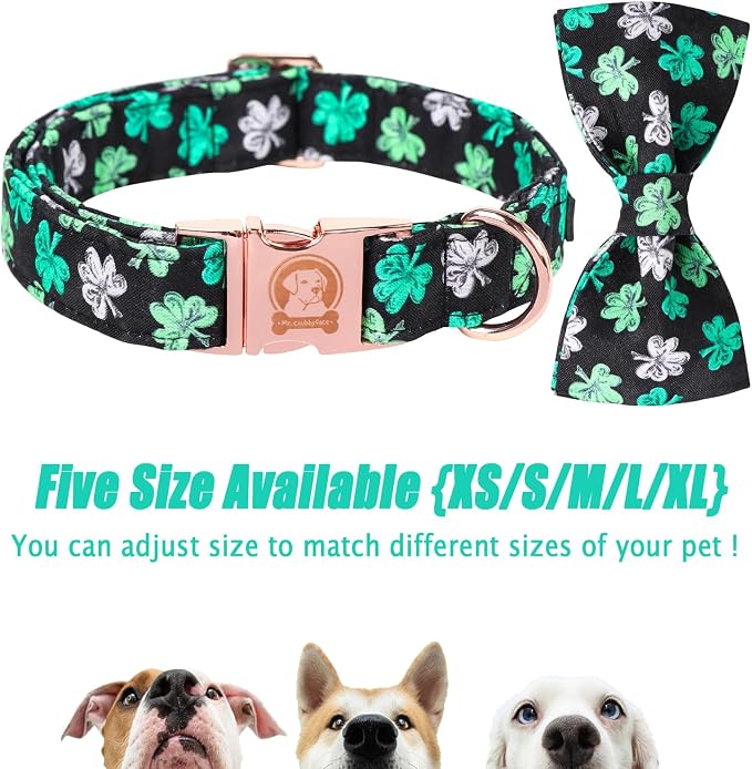 ·MR. CHUBBYFACE· St.Patrick's Clover Dog Collar with Bowtie, White Green Clovers Shamrock Pet Collar with Metal Buckle, Soft Adjustable Puppy Collar for Small Medium Large Dogs