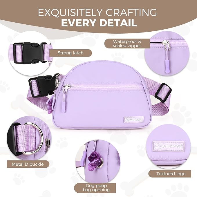 Dog Treat Pouch Pet Training Walking Fanny Pack with Built-in Poop Bag Dispenser & Waste Bag Holder | Stylish Puppy Training Essentials Supplies | Free Dog Clicker (Lavender)