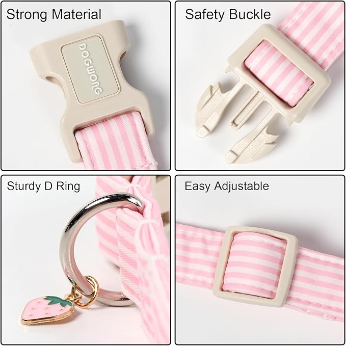 DOGWONG Pink Dog Collar, Spring Summer Girl Dog Collar with Plastic Buckle, Strawberry Striped Female Dogs Collars for Small Medium Dogs, Neck 14-21 inches