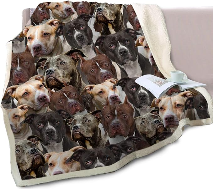 BlessLiving Fuzzy Dog Blanket for Kids Adults Cute Puppy Fleece Blanket Reversible Animal Pattern Sherpa Throw (Pit Bull,King, 108x 90 Inches)