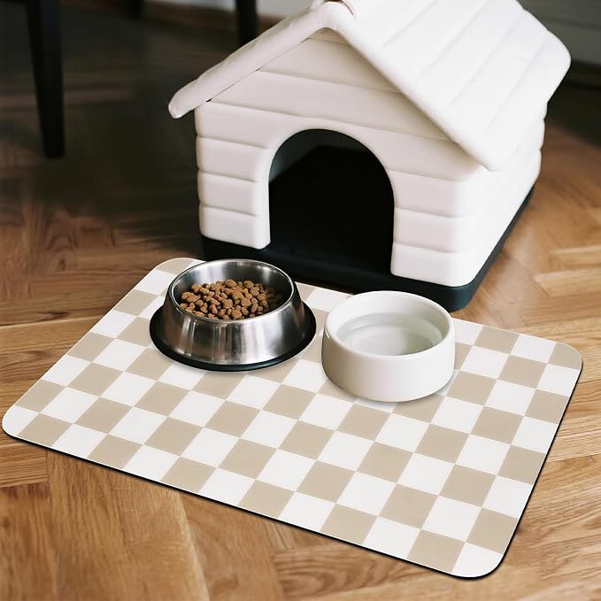 CooRug Checkered Dog Food Mat, Pet Feeding Mat 24" L x 16" W, Beige | Absorbent, Leak-Proof, Anti-slip, Quick Dry, Eco-friendly Materials, Easy to clean and store, For Messy Drinkers