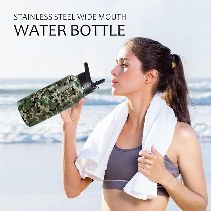 32oz Camo Insulated Aater Water Bottle with Straw Gym Hiking Sports Coffee Mug Cup Water Bottles Gifts for Women,Camo Decor Stuff Accessories