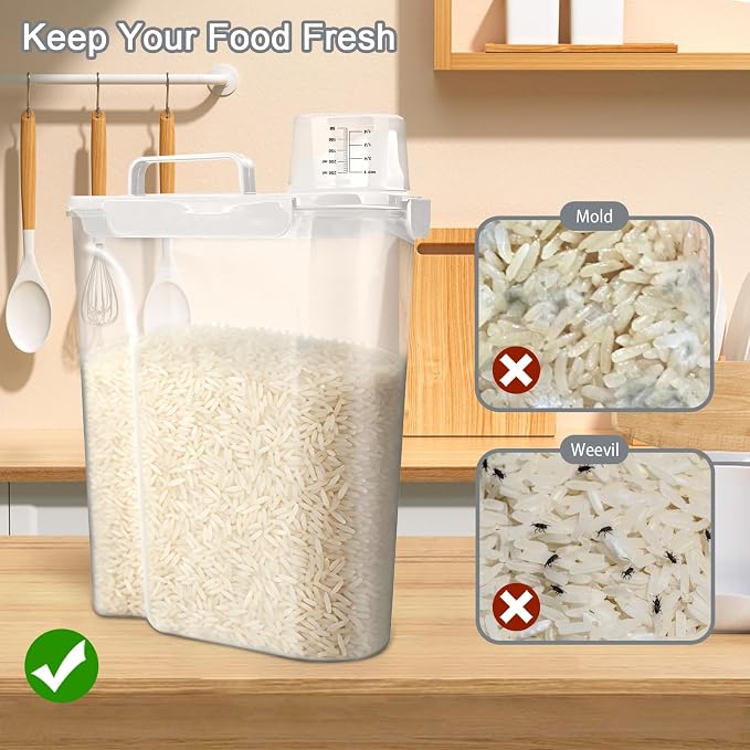 Rice Storage Containers, Airtight Cereal Containers Storage, with Pouring Spout Portable Handle for Flour, Pasta, Grain and Baking, Pet Dog Cat Bird Food Container 20lb White