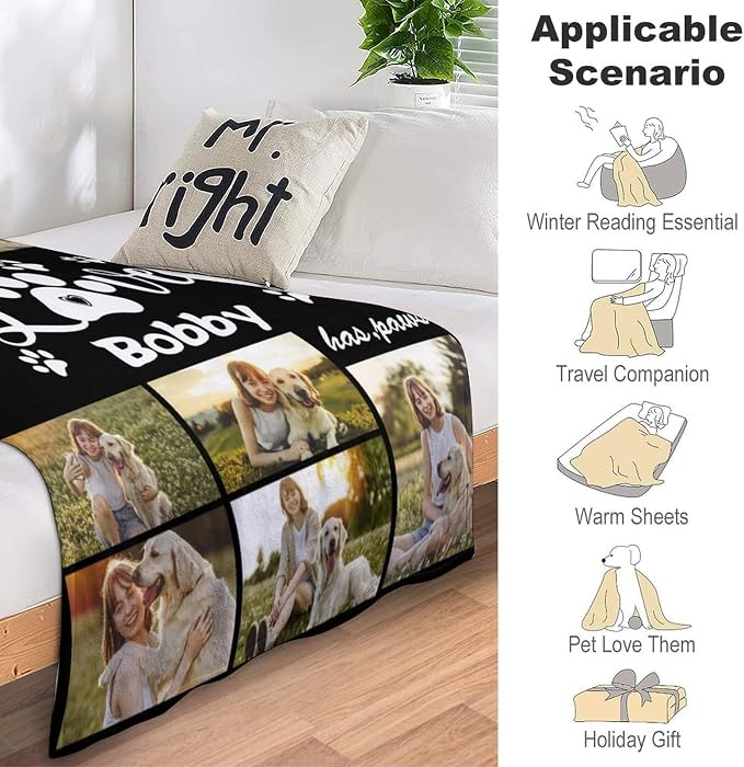 Artsadd Personalized Dog Blanket with Photos - Custom Dog Blanket, Fleece, Single Layered, 60x80 inches, Photo Pattern, Black, Adult Size, Pet Memorial Products, Throw Blanket