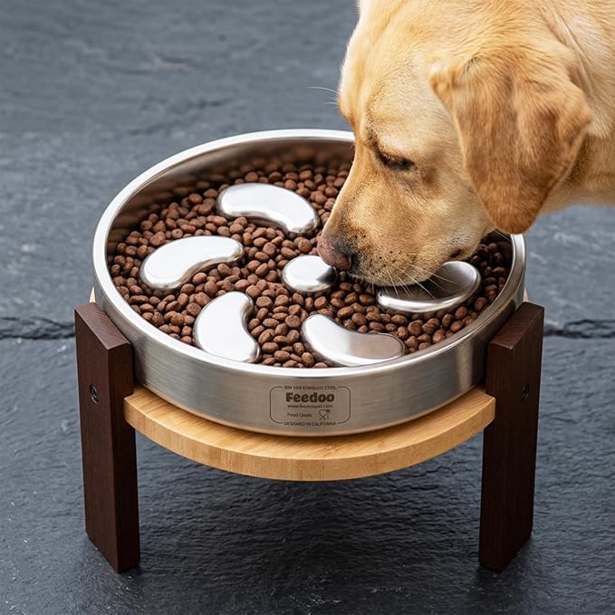 Feedoo Elevated Dog Bowl Stand, 7'' Height Raised Stand for Large Dogs, Includes 3Cups Stainless Steel Slow Feeder Dog Bowl, Durable Solid Hardwood