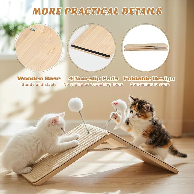 Cat Scratcher, Cat Sisal Scratching Ramp, Foldable Wooden Scratching Board with 2 Spring Plush Toys, Triangle Kitten Ramp Protect Furniture, Solid Non-Slip Scratch Pad for Indoor Multiple Pets