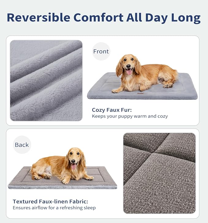 MADE 4 PETS Dog Crate Pad Washable Dog Bed for Medium Large Dogs, 35"x23" | Washable & Reversible, Anti-Slip Kennel Mat for Cozy Sleeping, Soft Fluffy Dog Bed for Indoor & Outdoor Use, Gray
