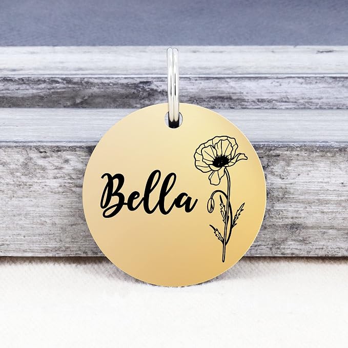 Ultra Joys Personalized Dog Tags for Pets - Durable Stainless Steel Customizable Dog Cat ID Tags - Dog Tags for Safety Optional Engraved on Both Sides -Birth Flower Round Dog Tag Small, Gold
