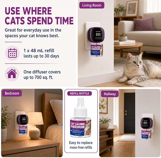 Timer Display Cat Calming Pheromone Diffuser, Daily Auto-On | 1 Diffusers 3 Refills, 4/8/12/24-Hour Timer, Helps Reduce Anxiety, Scratching, Spraying & Urine Marking, Odorless Formula