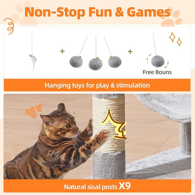 Taoqimiao Large Cat Tree, 73 in Tall Cat Tower with 2 Plush Big Cat Condos | 9 Scratching Posts, 2 Top Perches, Cozy Hammock & Basket, Indoor Cats, 2 Pompoms & Mouse Toy, Light Gray, MS013XLW