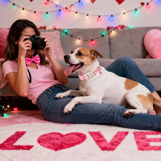 DOGWONG Valentine's Day Dog Collar-Cute Pink Bow Heart Pattern Dog Collars, Adjustable Valentine Heart Pet Collars Puppy Collar with Quick Release Buckle for Girl&Boy Dogs,XS