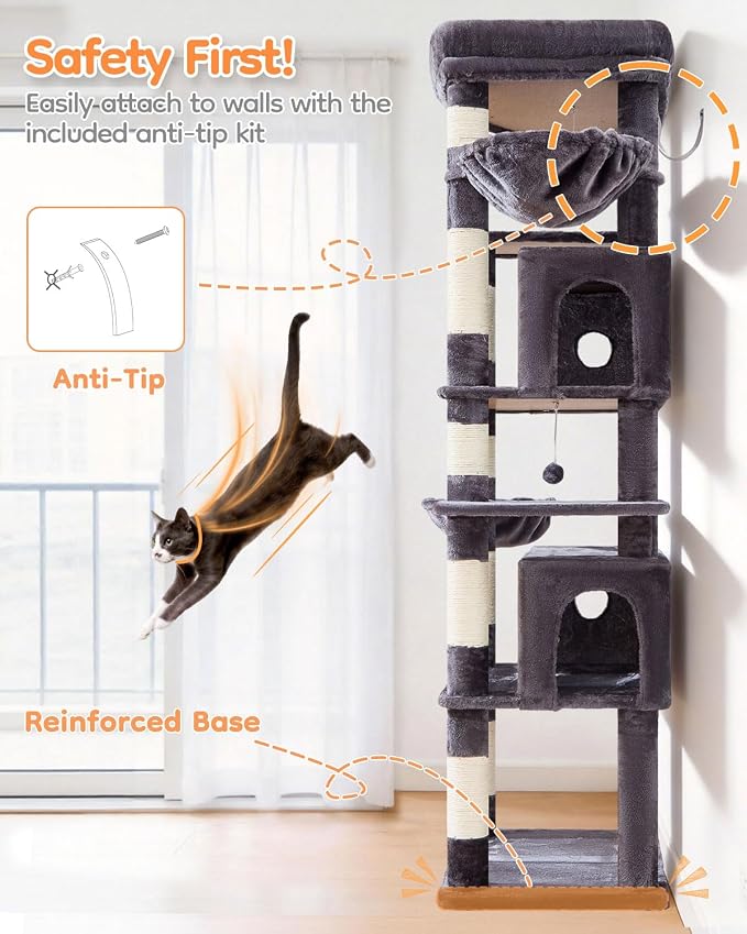 Taoqimiao Heavy Duty Cat Tree, 73In Sturdy Cat Tower for Large Cats 25lbs+ | 2 Widen Condos, Enlarged Sleeping Platform, 9 Scratching Posts, 2 Cozy Baskets, Cat Toys, Smoky Gray, F30G