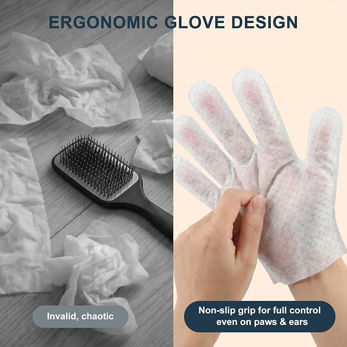 4-in-1 Pet Grooming Glove Wipes – Deshedding, Cleaning, Massage & Coat Care – Removes Loose Fur, Dirt & Odor – Honey, Shea Butter & Oat – 5X Moisture – Waterless Dog & Cat Bath
