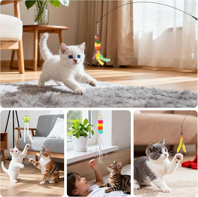 Atosun Interactive Cat Toys, 15PCS Cat Wand and Feather Toys for Indoor Cats, Reusable Suction Cup Toys for Kittens Play Exercise