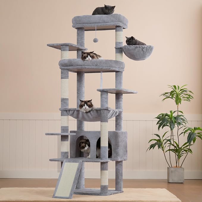 Heybly Tall Cat Tree for Large Cat, 80-inch Multi-Level Cat Tower HCT038W | Condo Furniture for Indoor Cats with Large Baseboard, 2 Widened Plush Perches, Scratching Board, Big Caves, Light Gray