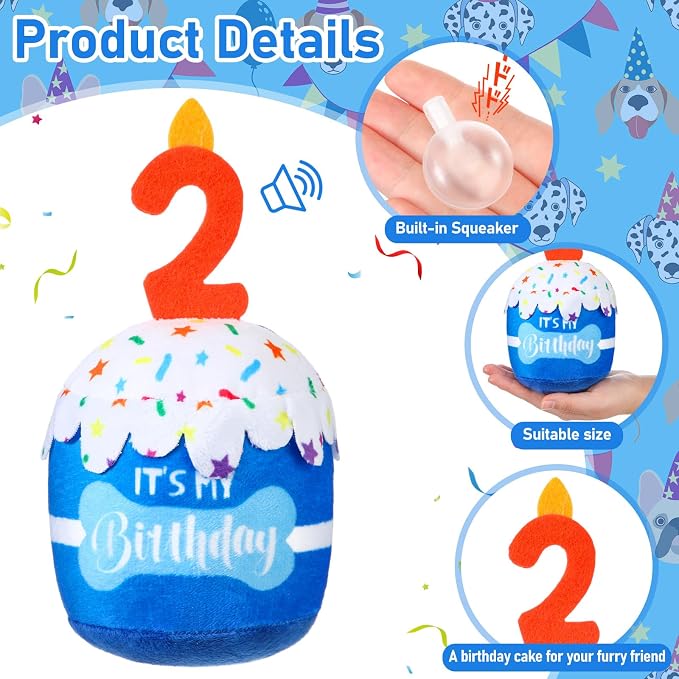 Dansydaisy Dog Birthday Cake Toy Squeaky Plush Toy for Girl Boy Gifts, Chew Accessories for Dog Birthday Party Decor Favor for Large, Medium and Small Dogs(2nd,Blue)