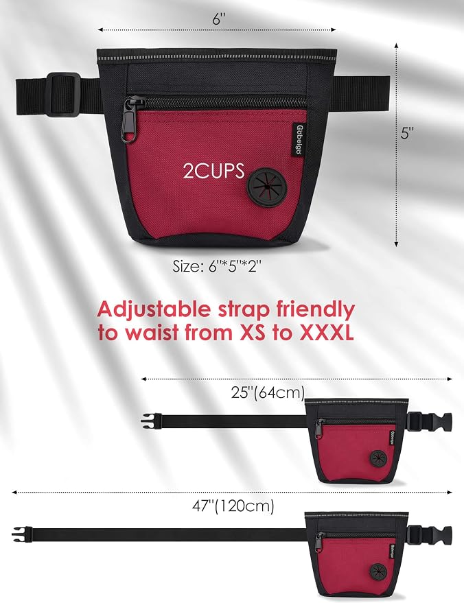 2 Cup Dog Treat Pouch with Training Clicker(Black/Red) | 2 Pair Magnetic Closures, Zipper Pocket with Poop Bag Holder, Waist Belt & Metal Clip to Wear for Pet Training/Daily Walking