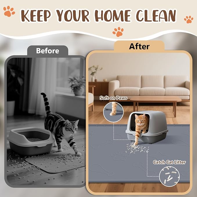 Cat Litter Mat for Litter Box 42" x 28", Large Silicone Mat, Dark Grey | Waterproof Litter Trapping Mat with Residue Collection Pocket, Raised Edge, Non-Slip Pet Placemat for Floors