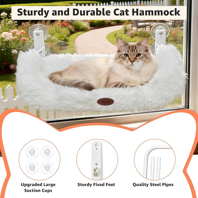 Cordless Cat Window Perch, Large Size Hammock with 4 Strong Suction Cups, Cat Hammock for Window with Two Fabrics Cover, Foldable Bed for Cats