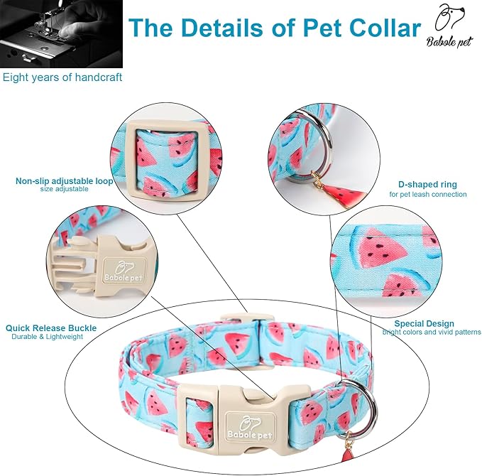 Adjustable Summer Dog Collar, Cute Watermelon Dog Collars for Large Dogs, Lightweight Quick-Release Buckle Collar for Boy&Girl Dogs L