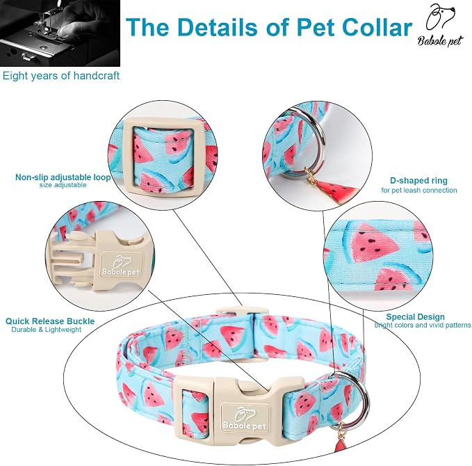 Adjustable Summer Dog Collar, Cute Watermelon Dog Collars for Small Dogs, Lightweight Quick-Release Buckle Collar for Boy&Girl Dogs S