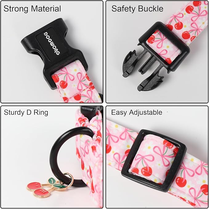 DOGWONG Pink Dog Collar- Cute Cherry Flower Dog Collars Adjustable Girl Female Dog Collar for Medium Large Dogs, L