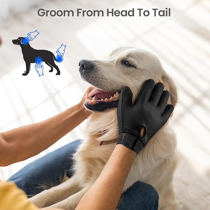 Pet Hair Removal Glove with 255 Silicone Tips for Dogs & Cats, Right Black | 2-in-1 Deshedding & Massage Mitt, 5-Finger Flexible Design, for Bathing & Grooming, Safe for Long/Short/Curly Hair Pets