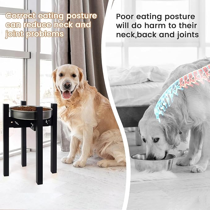 Elevated Dog Bowl Stand Adjustable Dog Food Holder 14”H Large Black | 14” Elevated Dog Bowl Stand, Large Dogs, Adjustable, Fits 8”-11” Bowls, Single Bowl Holder, Natural Bamboo, Classic Black