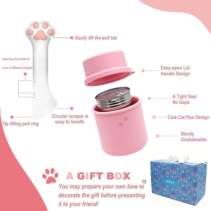 Original Canned Dog Food Storage Container & One Can Spoon | Silicone Can Cover Pet Food Sealer & Cute Paw Shape Opener Spatula | BPA Free, Airtight, Dishwasher & Freezer Safe (Dark Blue+Pink)