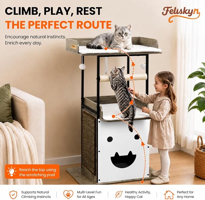 48in Wood Modern Cat Tree for Large Indoor Cats with Big Perch Bed | Multi-Level Climbing Design, Cat Cando, Sisal Scratching Posts and Board, Removable Washable Pads, Stable Greige