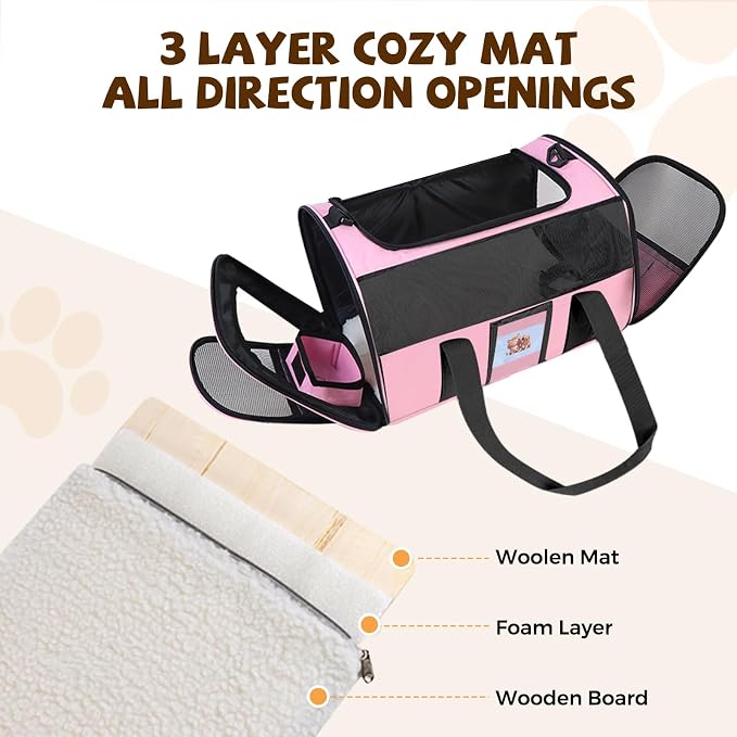 Soft Cat Carrier for Pets Up to 15 lbs, TSA Approved for Airline in-Cabin, Cat Travel Bag with Detachable Cat Food Bowl, Pet Carriers for Small Dogs, Waterproof Travel Puppy Carry, Pink