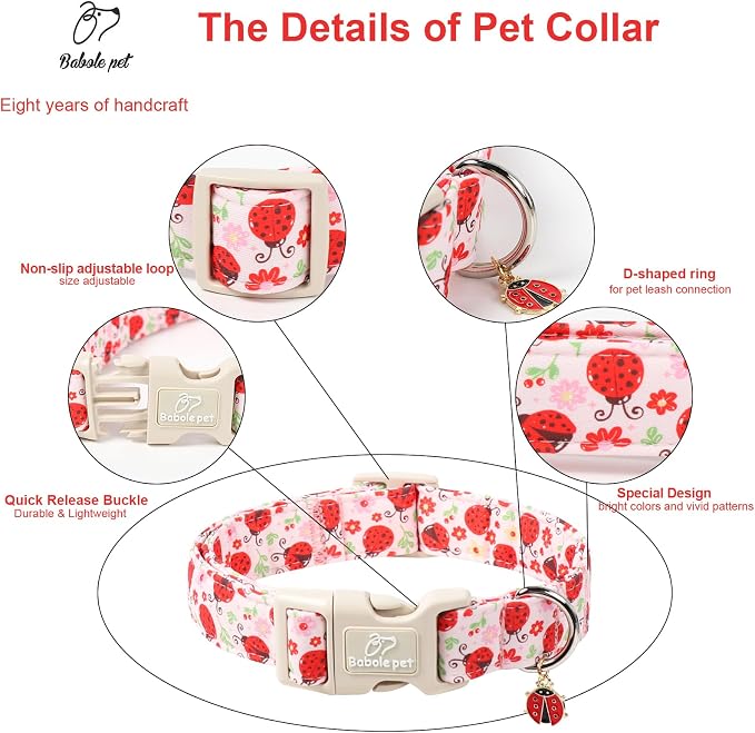 Lucky Ladybug Dog Collar for Small Dogs - Sweet Pink Girl Dog Collars, Lightweight Adjustable Spring Garden Mom Dogs Collars with Quick Release Buckle S