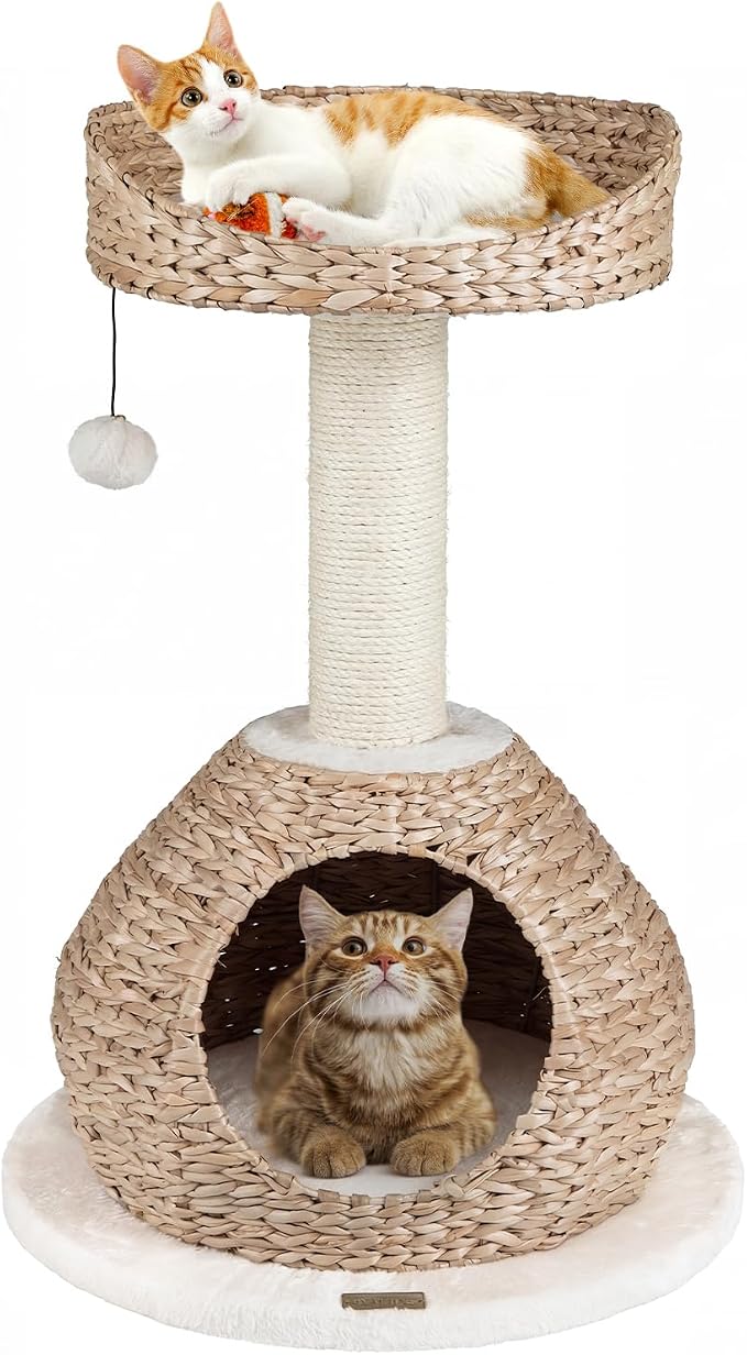 28-inch Modern Cat Tree, Small Cute Cat Tower Sisal Scratching Post, Hand-Made Wicker Condo and Top Perch, Interative Dangling Ball, Ideal for Indoor Cats