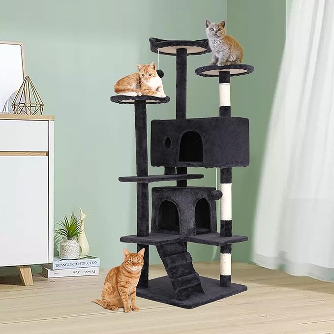 BestPet | 54" Cat Tree Tower | Dark Gray | Sturdy Multi-Level Cat Tree | with Plush Condo, Cozy Perch, Sisal Scratching Posts, Hanging Toy and Hammock | Easy Assembly | for Kittens & Adult Cats