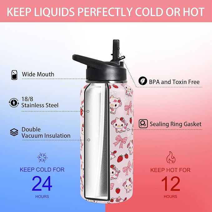 32oz Strawberry Cow Stainless Insulated Aater Water Bottle with Straw Gym Hiking Sports Coffee Mug Cup Water Bottles,Penguin Gifts for Women,Strawberry Cow Decor Stuff Accessories