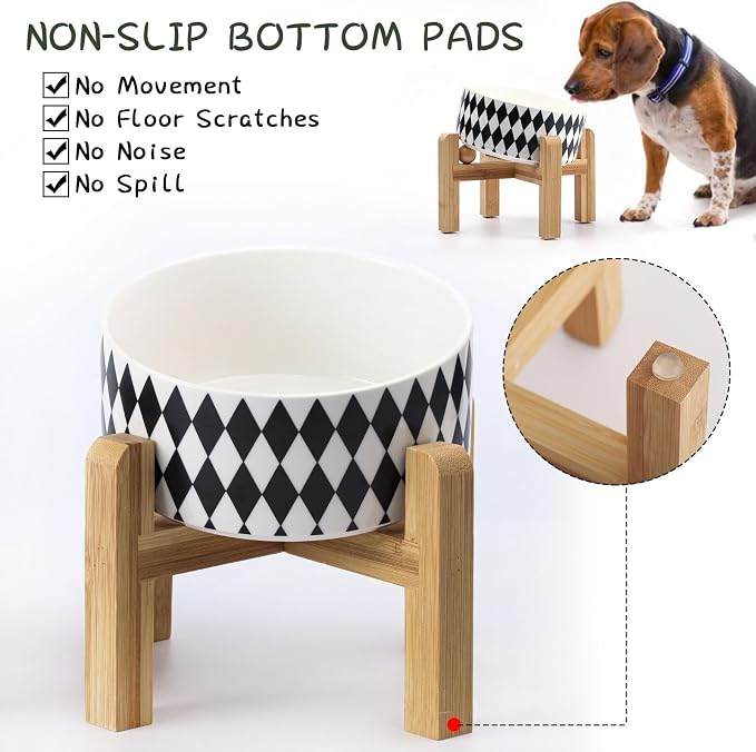Petygooing Raised/Elevated 15°Slanted Ceramic Dog Bowl for Small Breeds,Tilted Anti Slip Pet Bowl,Food Water Dish with Stand for Cats and Small Dogs Puppy 13.5 OZ (5.1In / 1.7 Cups) Black Rhombus