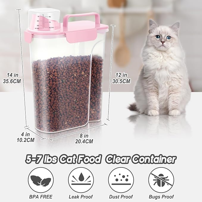 LEAWALK 5-7Lbs/6Qt Dog Cat Storage Container Portable with Upgraded Large Spout and Cup, Plastic Pet Food Dispenser for Small Animal Kibble, Bird Seed, Oatmeal, Rice, Flour, Brown Sugart- Light Pink