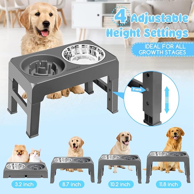 URPOWER Raised Dog Bowls 4 Height Adjustable Elevated Bowl Stand | Stainless Steel Water Bowl Non-Slip Dog Food Bowls Stand for Small Medium Large Dogs and Pets