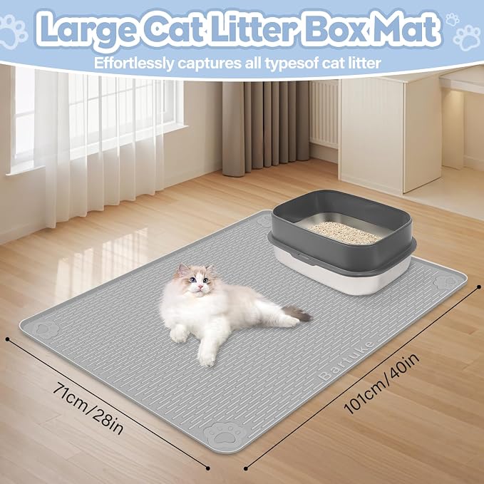 Silicone Cat Litter Mat for Litter Box 40”x28” Large Cat Mat, Light Grey | Waterproof, Non-Slip, Leak-Proof Rug Mat with Lip, Easy to Clean, Extra Large Litter Catcher Mat for Floor