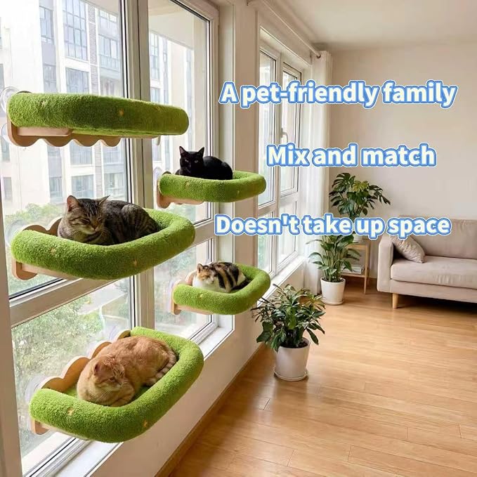 Cat Window Perch,Soft Cushion with Five Powerful Suction Cups,Green | Rubber wood material,Five Powerful Suction Cups,Hand-Embroidered Details,Solid Wood Base
