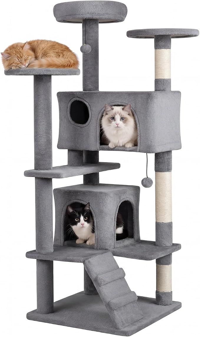 52-inch Cat Tree, Multi-Level Cat Tower with Sisal Scratching Posts, 2 Comfy Condos, Plush Padded Soft Top Perch, Dangling Balls, and Climbing Ladder, Ideal for Indoor Cats (Light Grey)