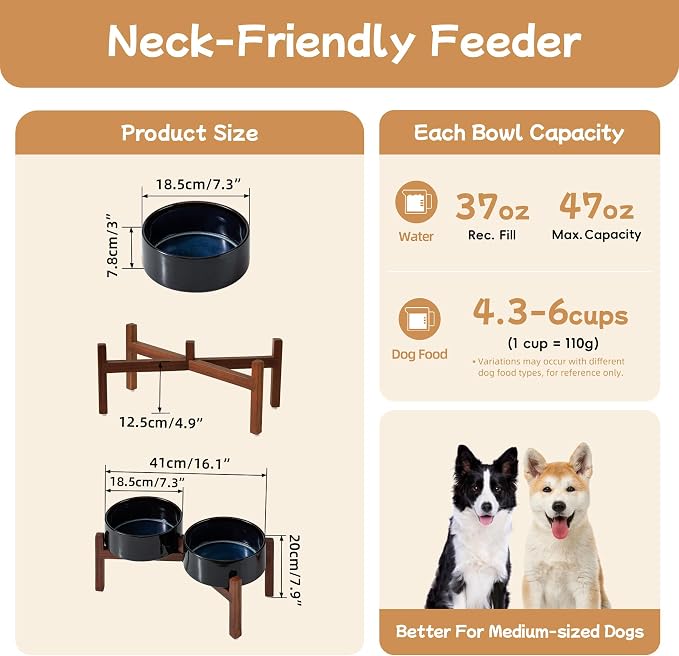 Havniva 7.3" Elevated Dog Bowls Ceramic Raised Dog Bowl with Non-Slip Stand (Acacia Wood) Weighted Dog Food & Water Bowl for Medium Breed Dogs - 5 Cups 41 oz