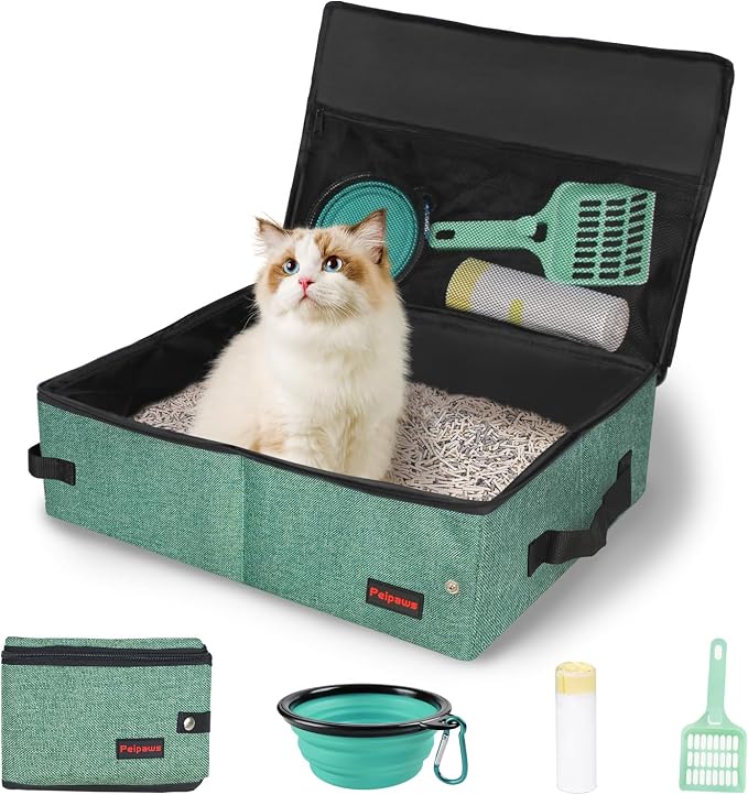 Portable Cat Travel Litter Box. Zipped Lid, Collapsible Litter Box for Cats. No Leakage, No Smell. Easy to Carry. Used for Hotels, Camping, Car (Green,L)